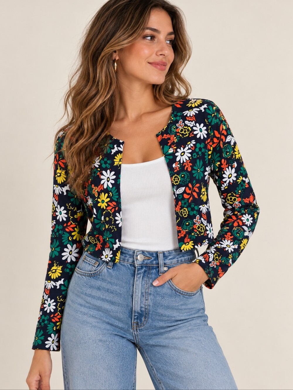 SHEIN Navy Multicolor Floral Open Front Cropped Cardigan Size L